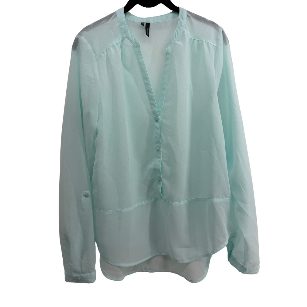 Maurices Mint Green Swiss Dot Sheer Blouse V-Neck Roll Tab Sleeve Size M